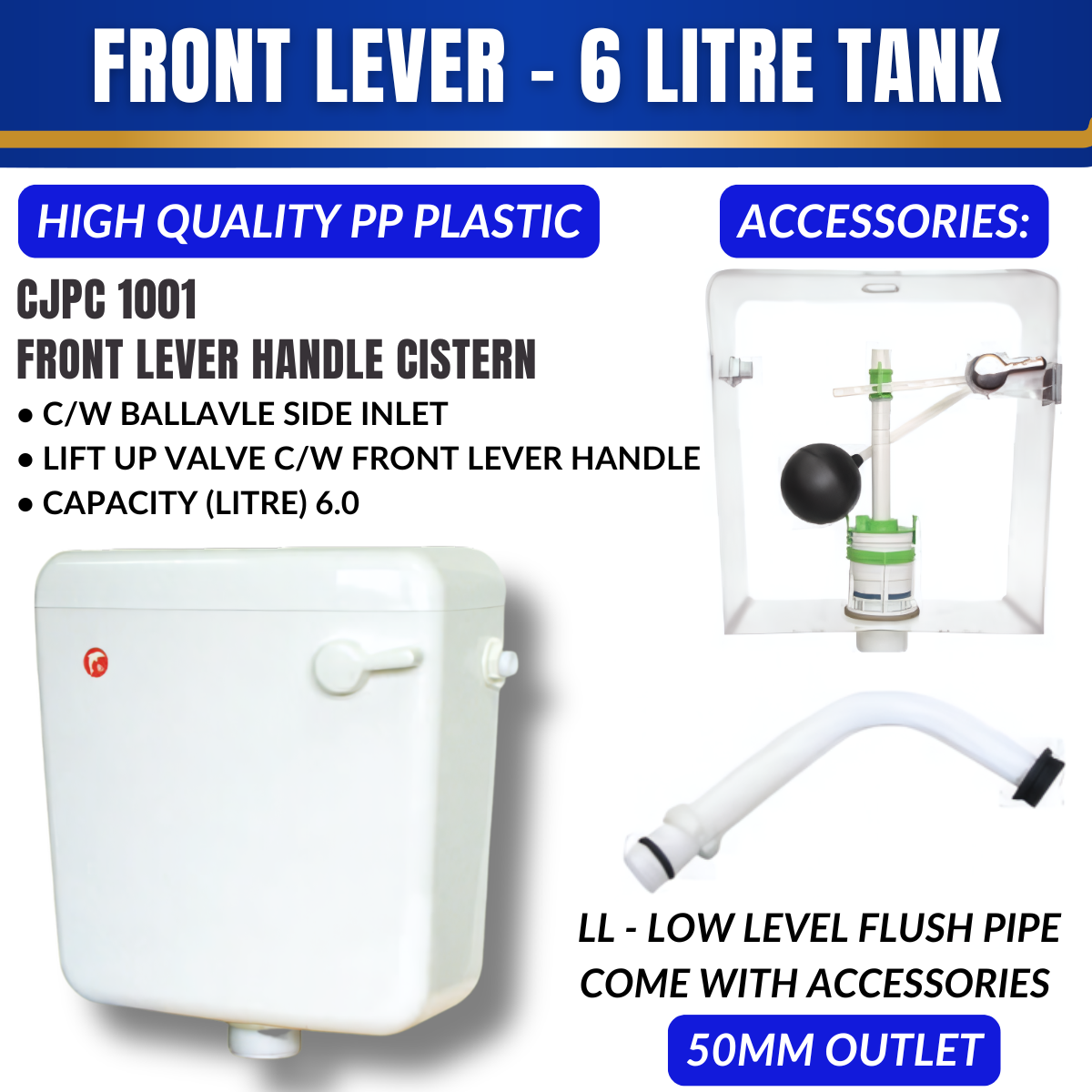 1 SET CJ Toilet Water Tank Plastic Cistern Front Lever Handle Low Level Toilet Cistern Set 50mm Size Outlet Valve CJ100