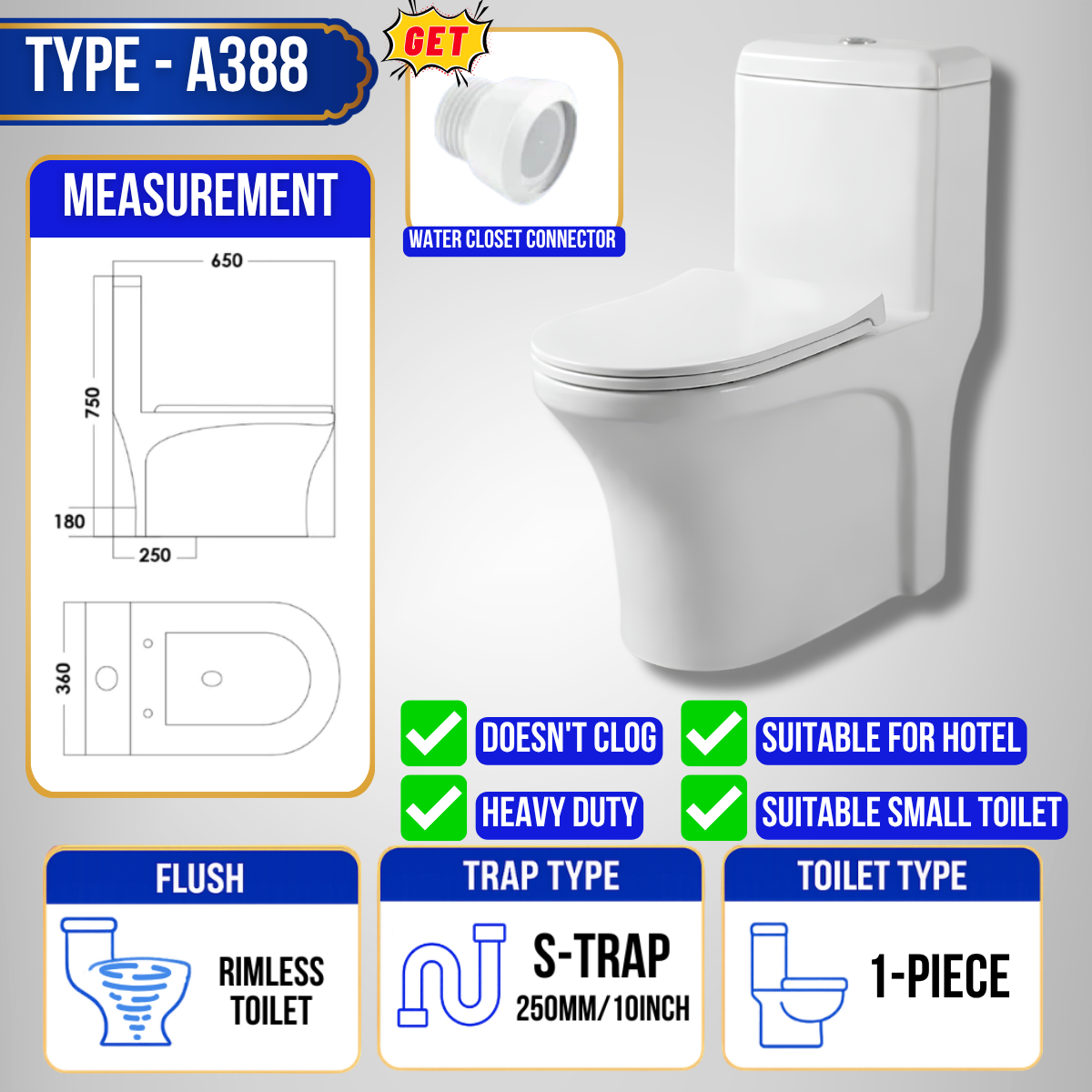 C&C Full Set S-Trap Toilet Bowl Black and Seat Cover Set lengkap Jamban Hitam Tandas 1Piece 2Piece Washdown Cyclone