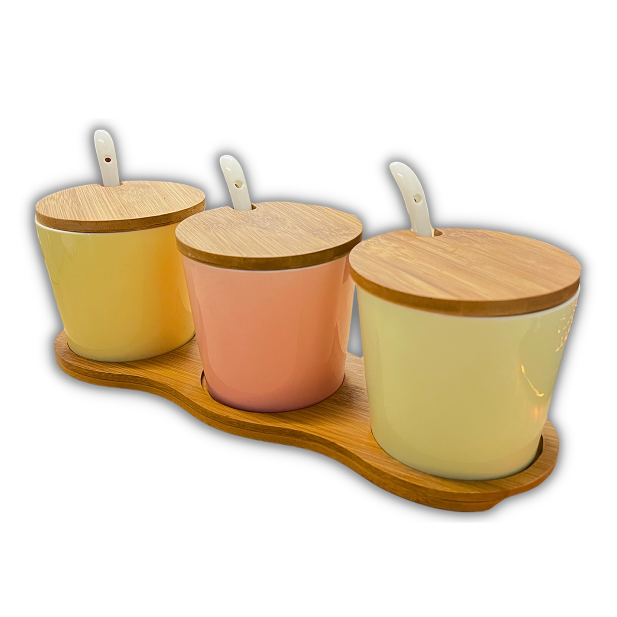C&C Porcelain Condiment Jar Spice Container Set of 6 with Spoons & Bamboo Lids, Colourful Sugar Bowls Seasoning Boxes