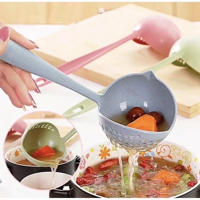2 in 1 Long Handle Soup Spoon Colander Home Strainer Cooking Tools Wheat Straw Scoop Ladle