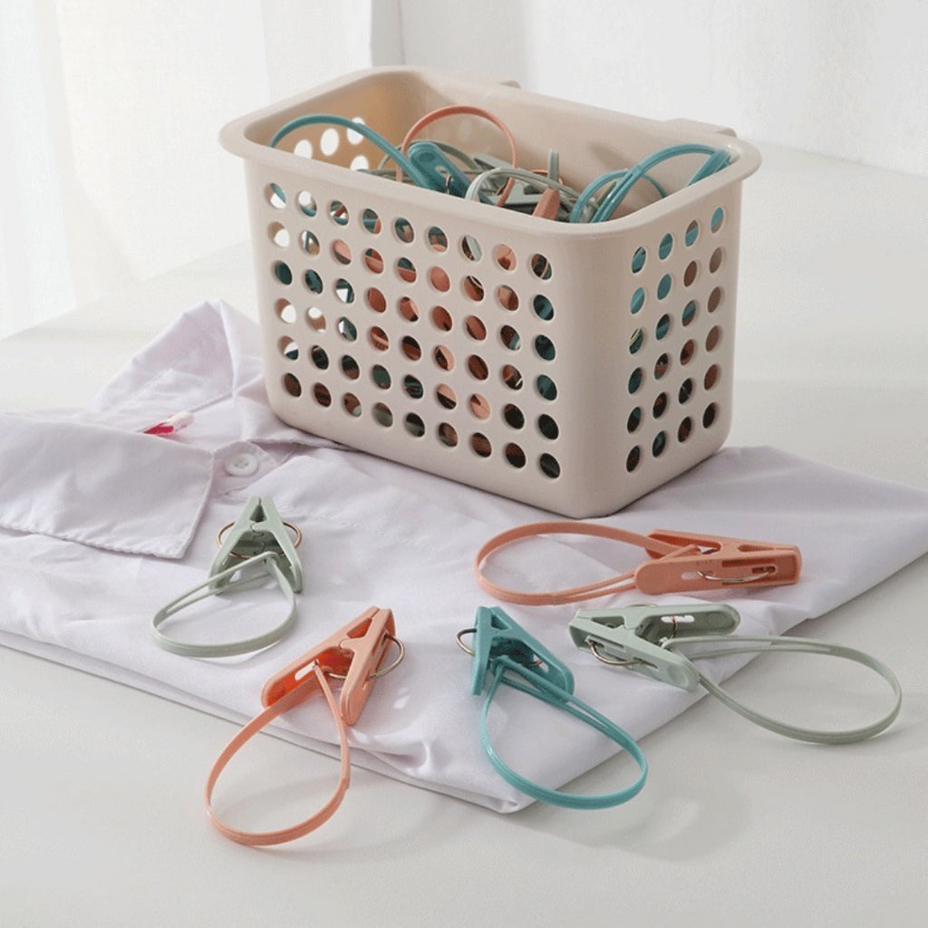 C&C 12Pcs/Set Colorful Laundry Hanging Clips Windproof Clothespins Hooks with Rope Laundry Clothing Pegs Hanger