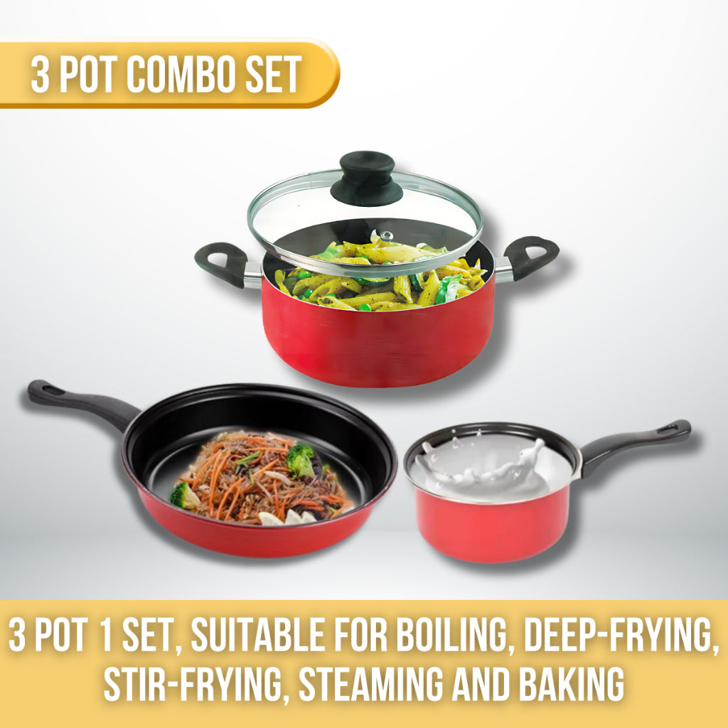 C&C 3pcs Non-Stick Cookware Set Carbon Steel Non Stick Frying Pan Soup Milk Pan Periuk Anti Lekat