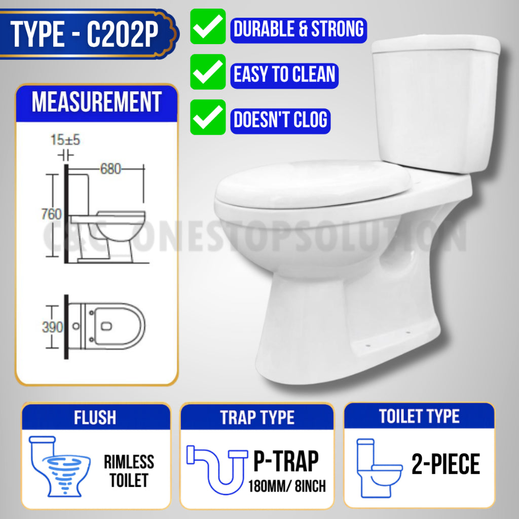 C&C Full Set P-Trap Toilet Bowl and Seat Cover Set lengkap Jamban Tandas Tandas 1Piece 2Piece Washdown Cyclone
