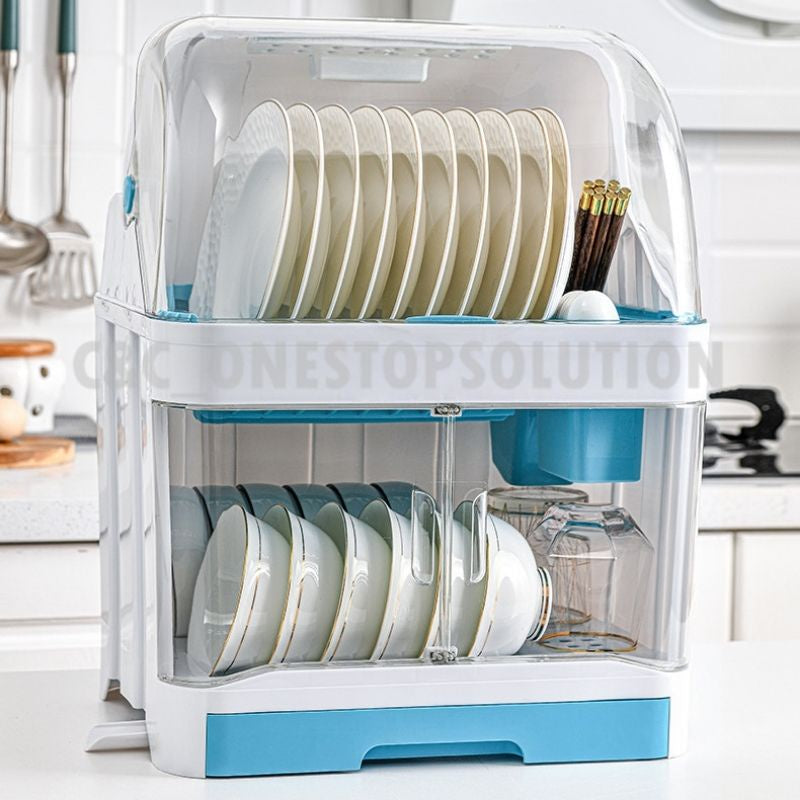 C&C 2 Layer Dust Proof Dish Rack Drainer Anti Dust Covered Dish Rack Dish Storage Rack Kitchen Rack Rak Pinggan