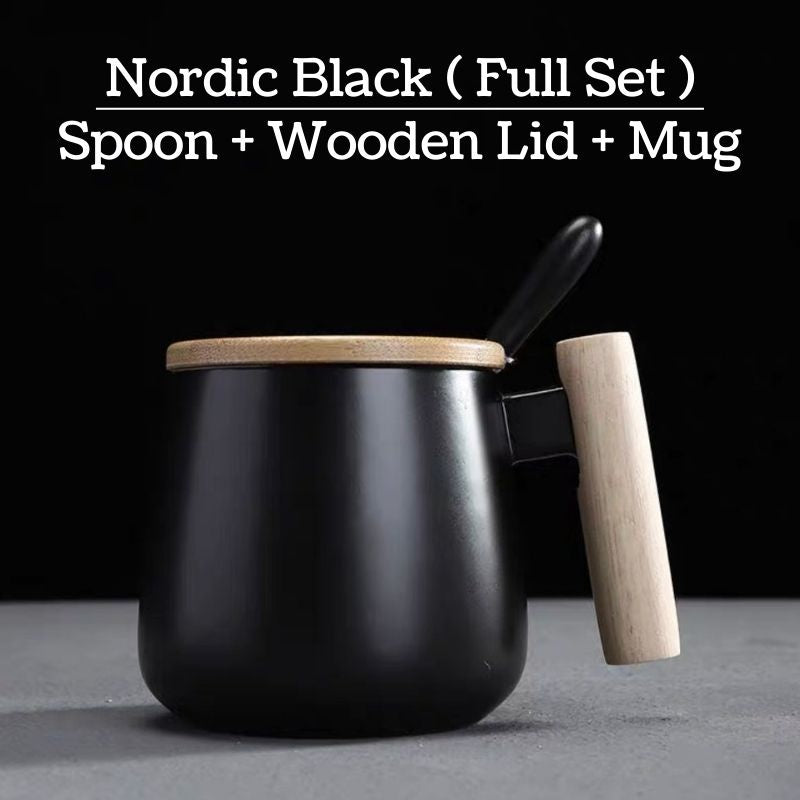 C&C Nordic Ceramic Cup Ceramic Coffee Mug Tea Cup Spoon Creative Household Tableware Bamboo