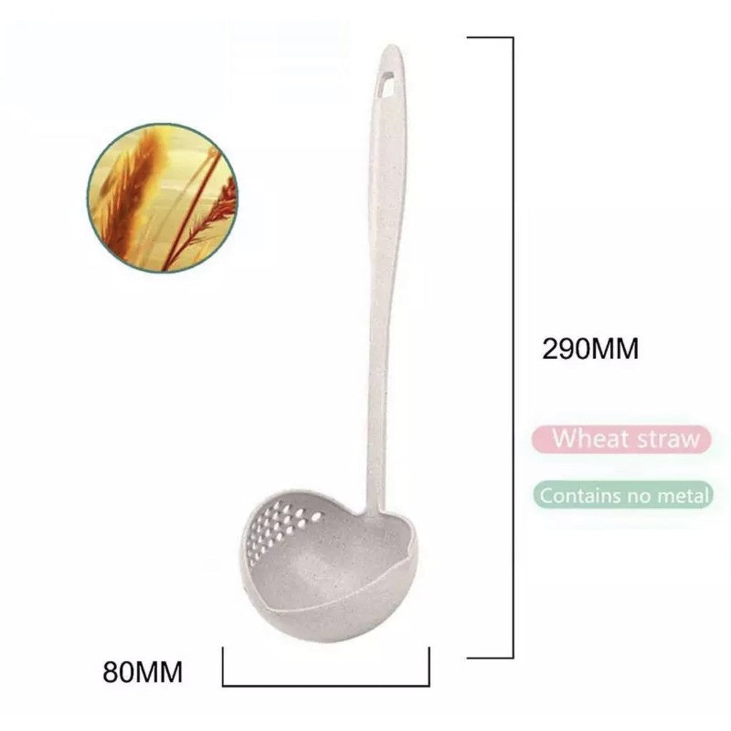 2 in 1 Long Handle Soup Spoon Colander Home Strainer Cooking Tools Wheat Straw Scoop Ladle