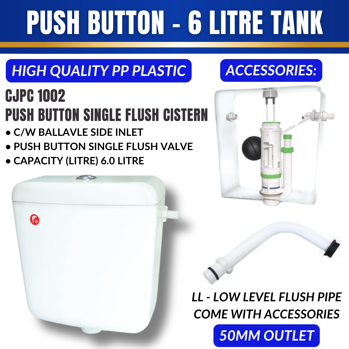 1 SET CJ Toilet Water Tank Plastic Cistern Push Button Single Flush Mid/Low Level 40mm 6 Litre White CJPC1000HL