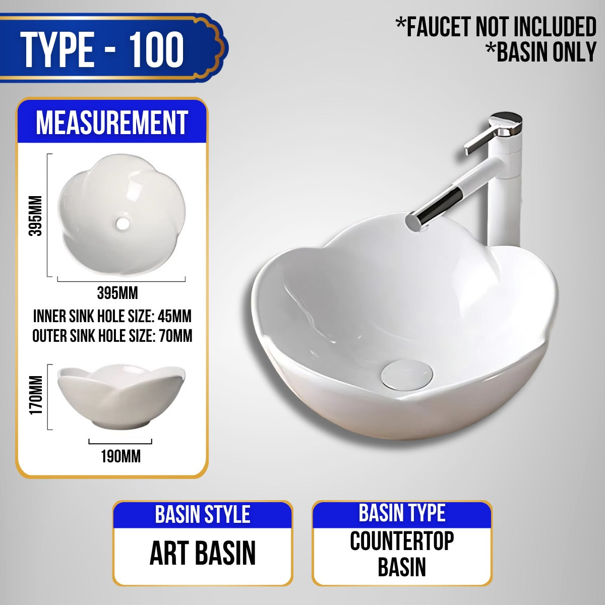 C&C Bathroom Ceramic Basin Countertop and Wall-Hung Basin Premium Polished Art Style Ceramic Basin Toilet Sink Basin