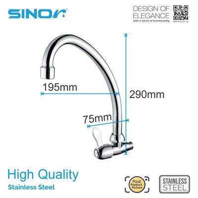 Kitchen Faucet Sink Tap Water Tap Wall Mounted Water Sink Tap Chrome Finishing 42.5x195x290mm S-1003-W