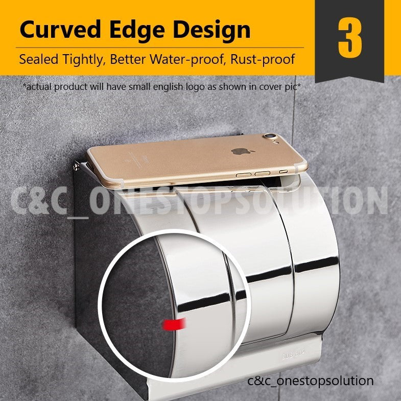 LARGER Solid SUS304 Stainless Steel Toilet Paper Holder Bathroom Tissue Box Wall Mounted Toilet Paper Roll Box C&C_ONE