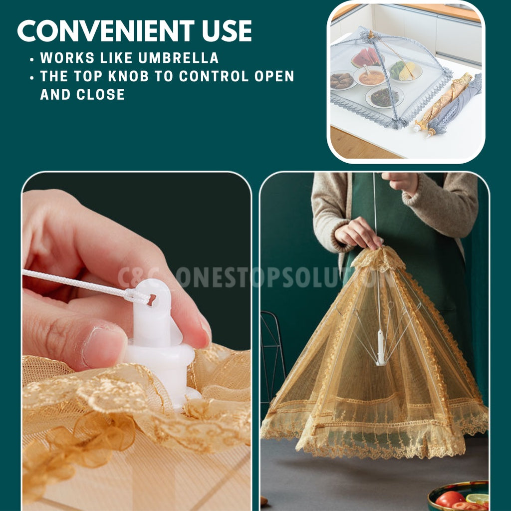 C&C Local Foldable/ Breathable Vintage Food Cover Umbrella Design Mesh Lace Tudung Saji Moden Table Dishes Cover