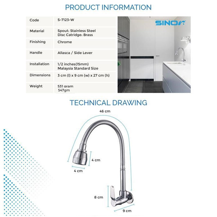 Sinor S-7123-W Kitchen Faucet Flexible Spout Arc Wall Mounted Water Sink Tap 3cm x 9cm x 27cm