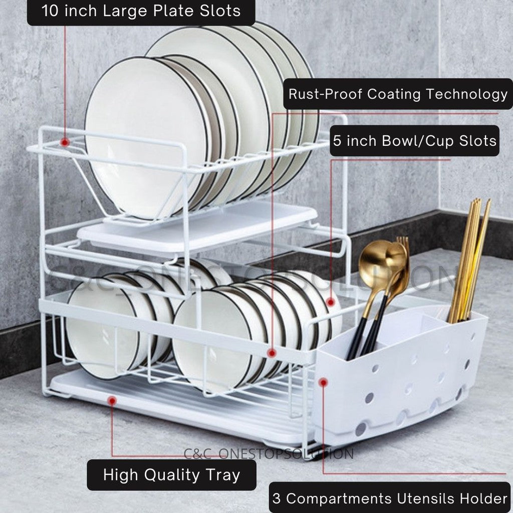 C&C Detachable 2 Tier Dish Rack Rak Pinggan Stainless Steel Kitchen Dish Drainer Nordic Style Rak Pengering Pinggan