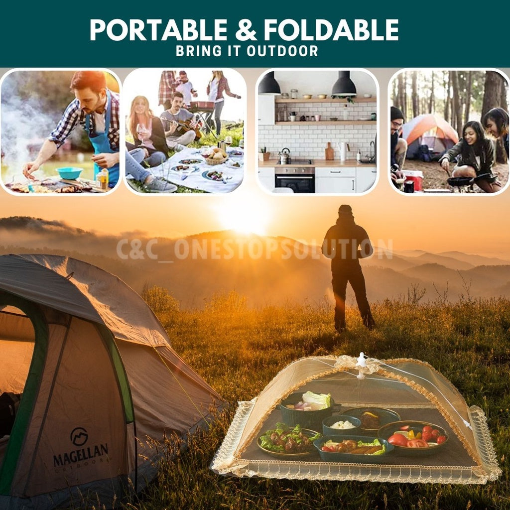 C&C Local Foldable/ Breathable Vintage Food Cover Umbrella Design Mesh Lace Tudung Saji Moden Table Dishes Cover