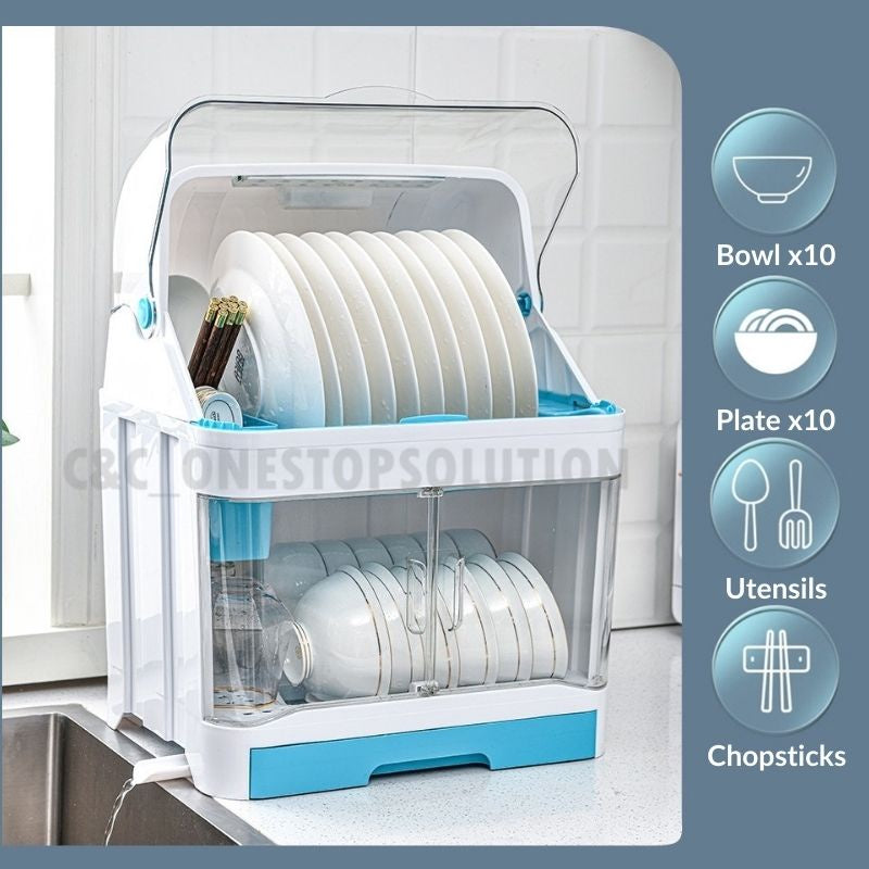C&C 2 Layer Dust Proof Dish Rack Drainer Anti Dust Covered Dish Rack Dish Storage Rack Kitchen Rack Rak Pinggan