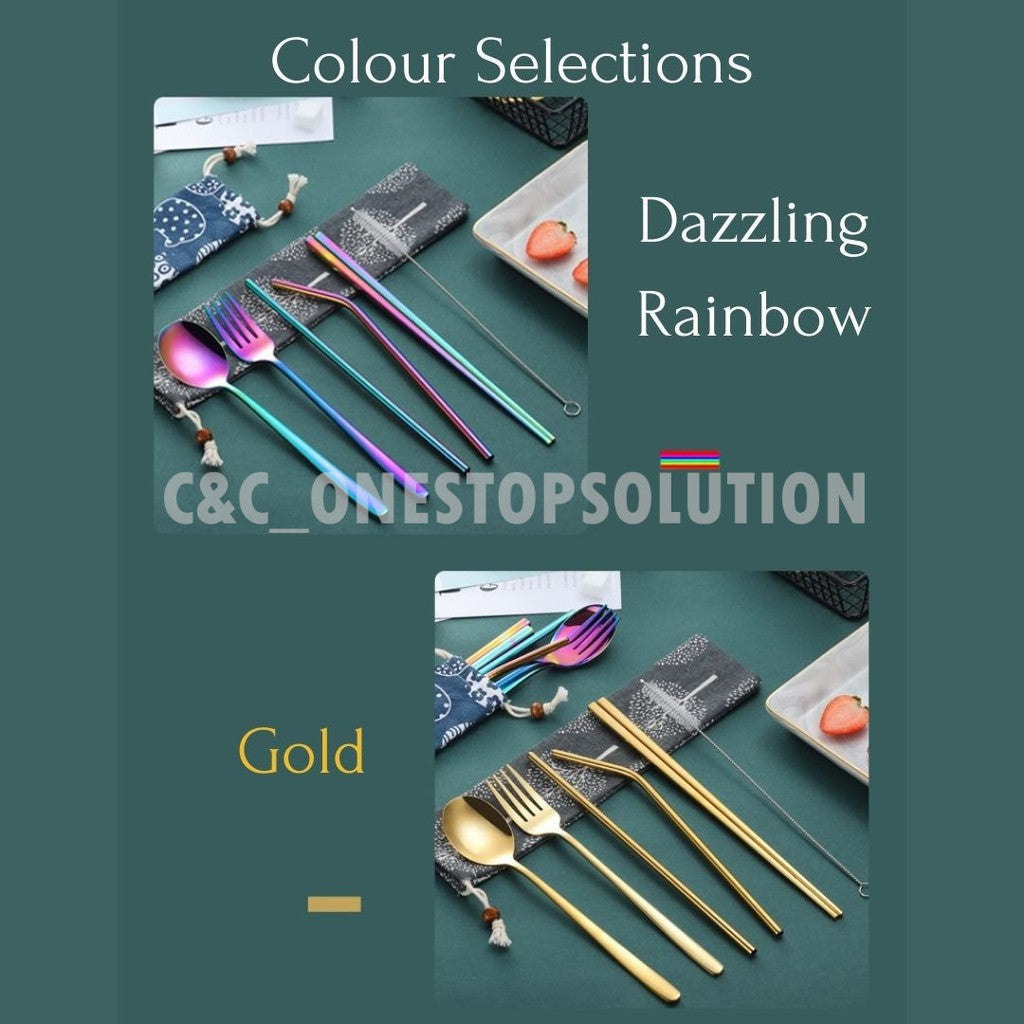 Stainless Steel Cutlery Set with Reusable Straw Set 7 In 1 Utensil Spoon Fork Chopstick Set Reusable Metal Cutlery Set (