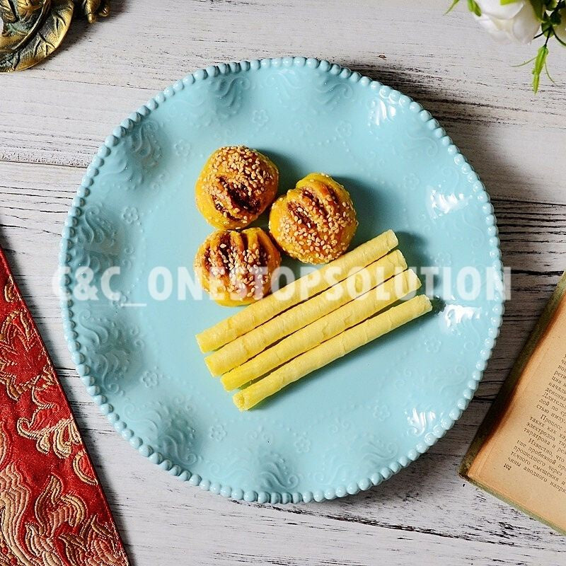 C&C Tiffany Blue Ceramic Tableware Underglaze Ceramic Plate Unique Design Round Serving Plate Set Perfect for Steak