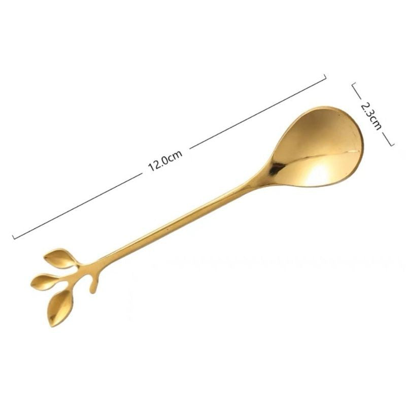Golden Leaf Tea Spoon Fork Coffee Tea Stir Stainless Steel Golden Plated Stainless Steel Gold Spoon Milk Tea Dessert