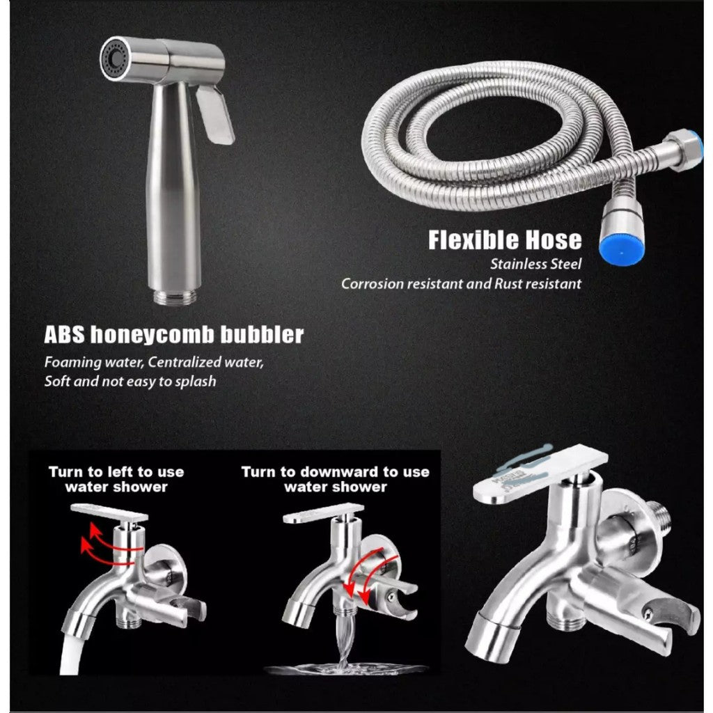 FULL SET 304 Stainless Steel Two Way Tap Bathroom Faucet with Bidet Spray Holder and Flexible Hose