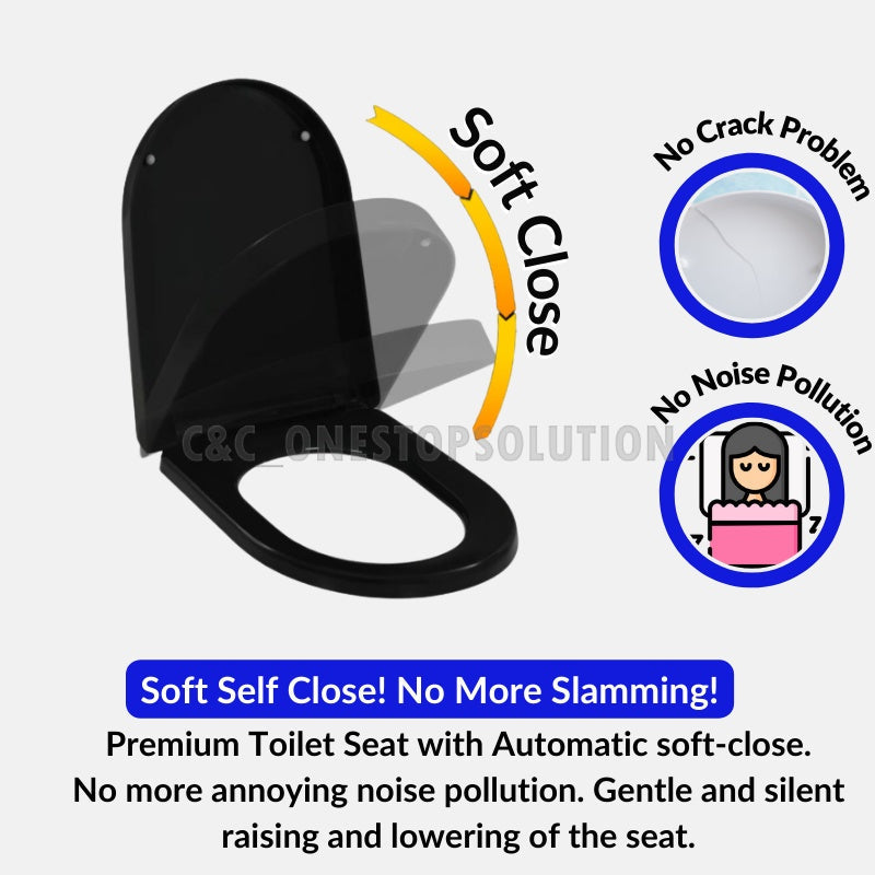 C&C Black U Shape Toilet Seat Cover With Soft Close Adjustable Hinge Penutup Mangkuk Duduk Tandas