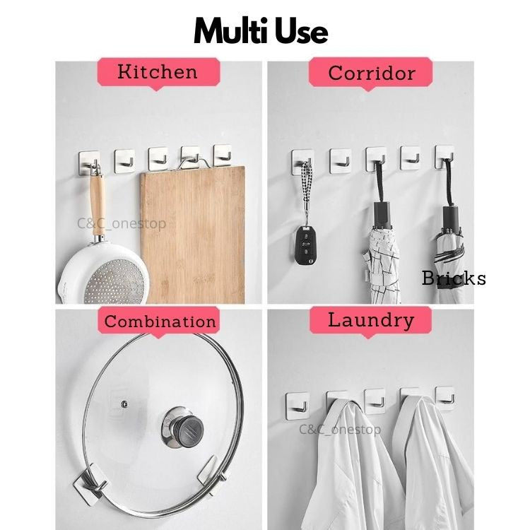 C&C Adhesive Stainless Steel Hook Kitchen Bathroom Bedroom Living Room Hook Cloths Hanger Organizer Without Nails