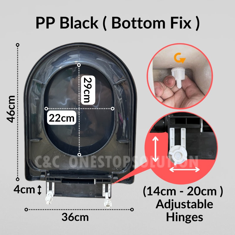 C&C Black U Shape Toilet Seat Cover With Soft Close Adjustable Hinge Penutup Mangkuk Duduk Tandas