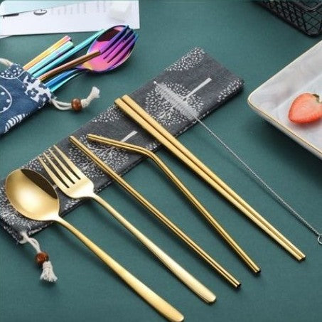 Stainless Steel Cutlery Set with Reusable Straw Set 7 In 1 Utensil Spoon Fork Chopstick Set Reusable Metal Cutlery Set (