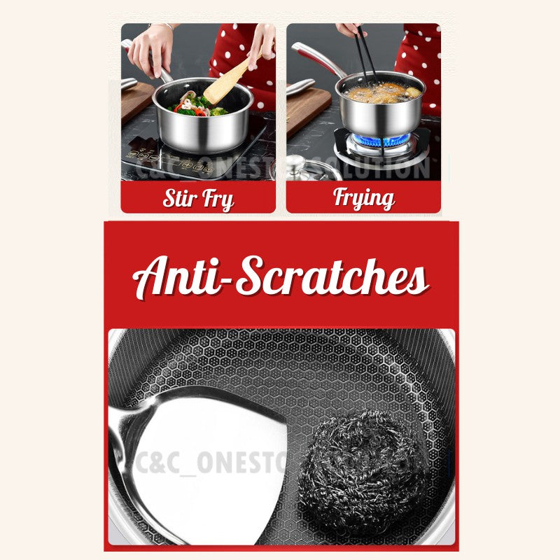 304 Stainless Steel Non Stick Sauce Pan Pot With Lid Coating Honeycomb Soup Pot Porridge Pot Periuk Masak