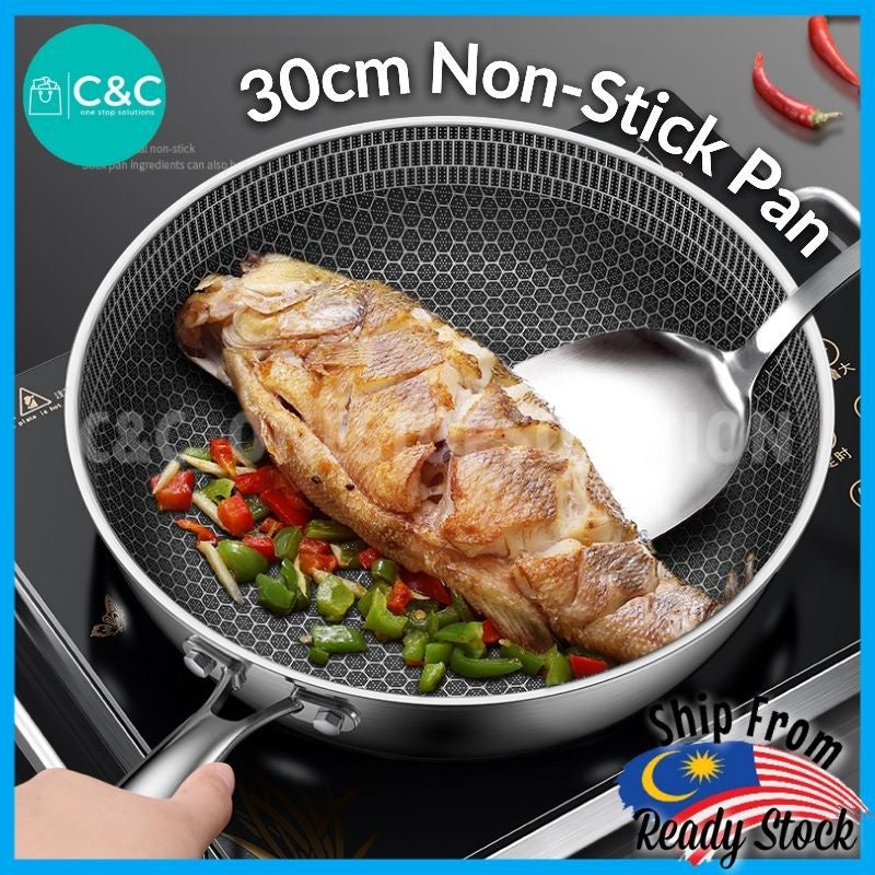 Premium 304 Stainless 30cm Non-Stick Wok Double-Sided Honeycomb Frying Pan 304