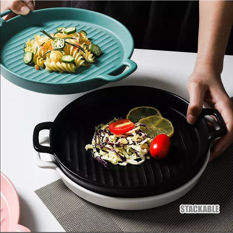 Nordic Style Ceramic Baking Plate Creative Dish Home Hotel Restaurant Ceramic Two Ear Pizza Plates Fruit Macaron