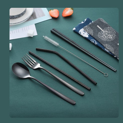 Stainless Steel Cutlery Set with Reusable Straw Set 7 In 1 Utensil Spoon Fork Chopstick Set Reusable Metal Cutlery Set (