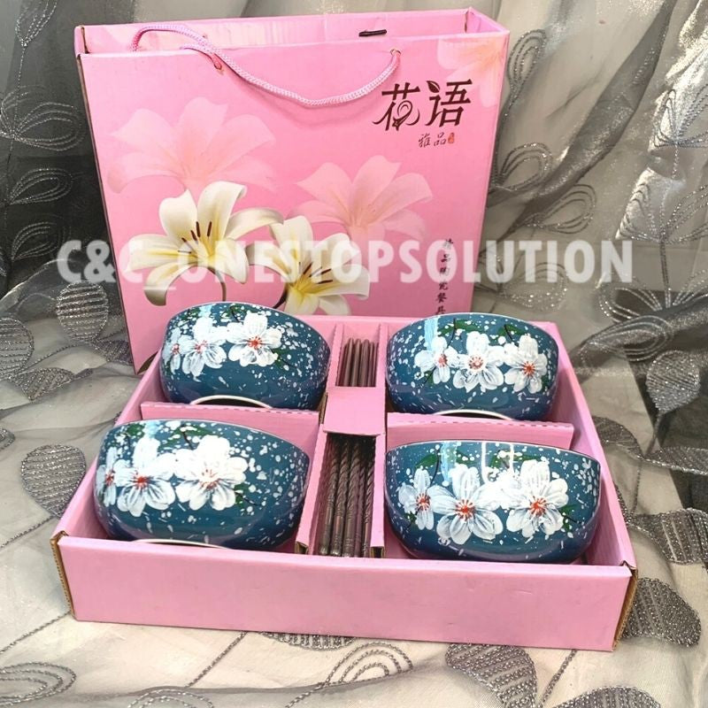 4pcs Ceramic Bowl Gift Set Ceramic Bowl Chopstick Spoon Set Ceramic Bowl Set Tableware Set