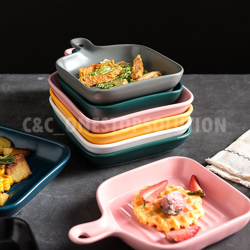 C&C Nordic Style Ceramic Plate With Handle Salad Pizza Pasta Roasted Vegetables Baked Oven Baking Plate