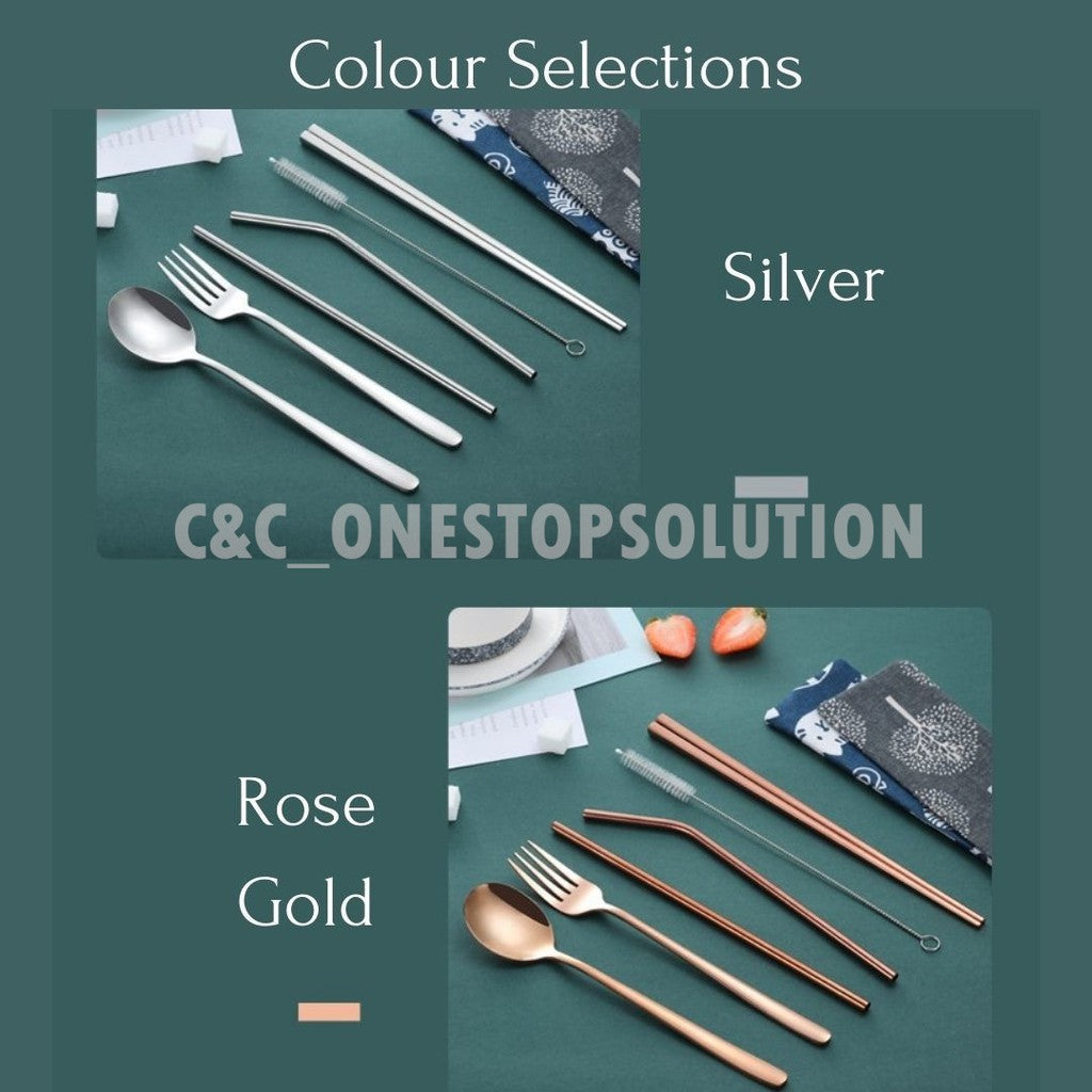 Stainless Steel Cutlery Set with Reusable Straw Set 7 In 1 Utensil Spoon Fork Chopstick Set Reusable Metal Cutlery Set (
