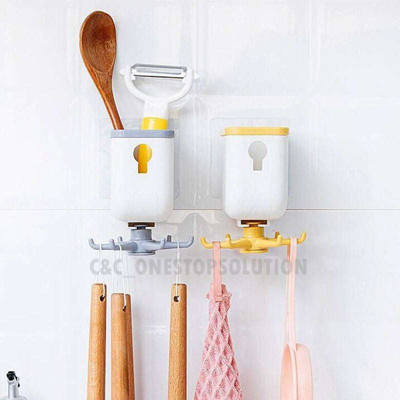C&C 360 Degree Rotate Kitchen Hanger Self Adhesive Multifunction 6 Hooks Storage Rack Kitchen Hooks Tapes Adhesives Wall Hook