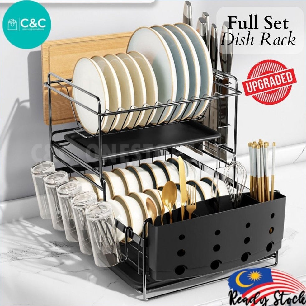 C&C Detachable 2 Tier Dish Rack Rak Pinggan Stainless Steel Kitchen Dish Drainer Nordic Style Rak Pengering Pinggan