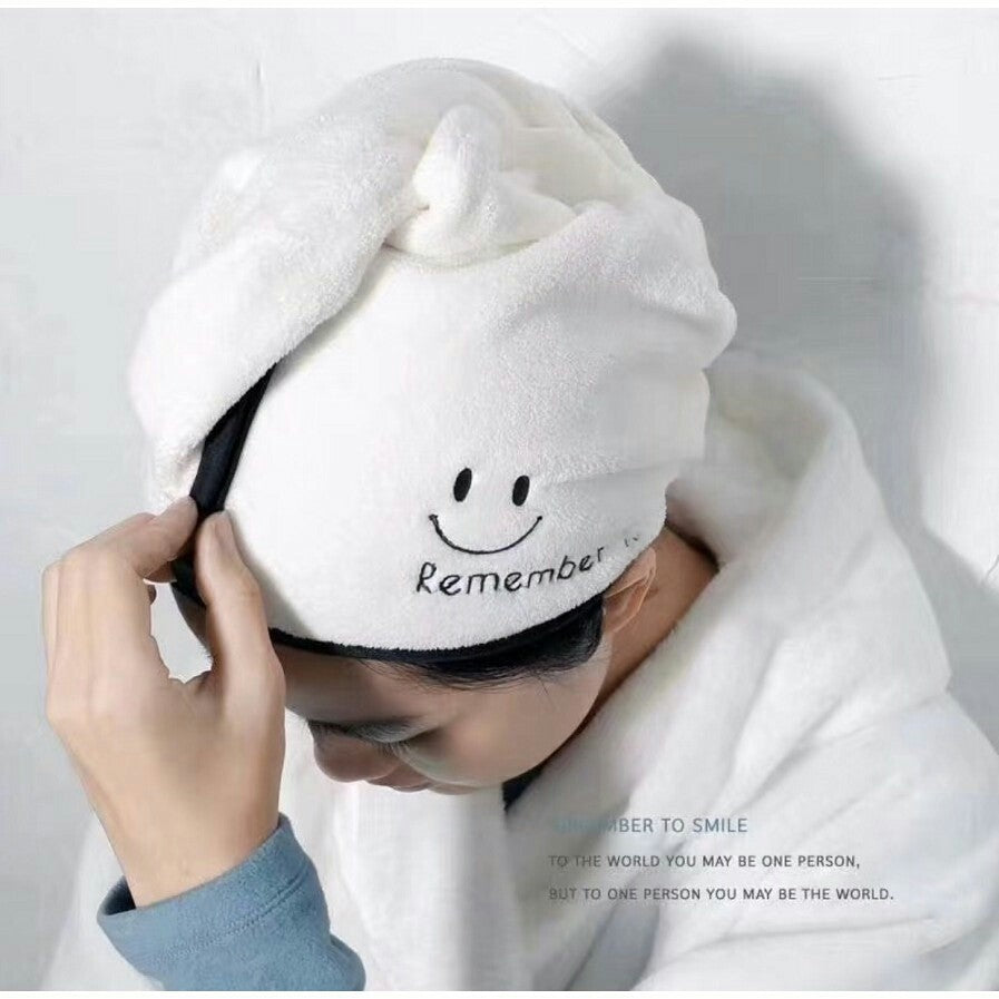Absorbent Quick Dry Wrap Hair Hat Smiley pattern icon Bathe Shower Towel Cap Coral Fleece