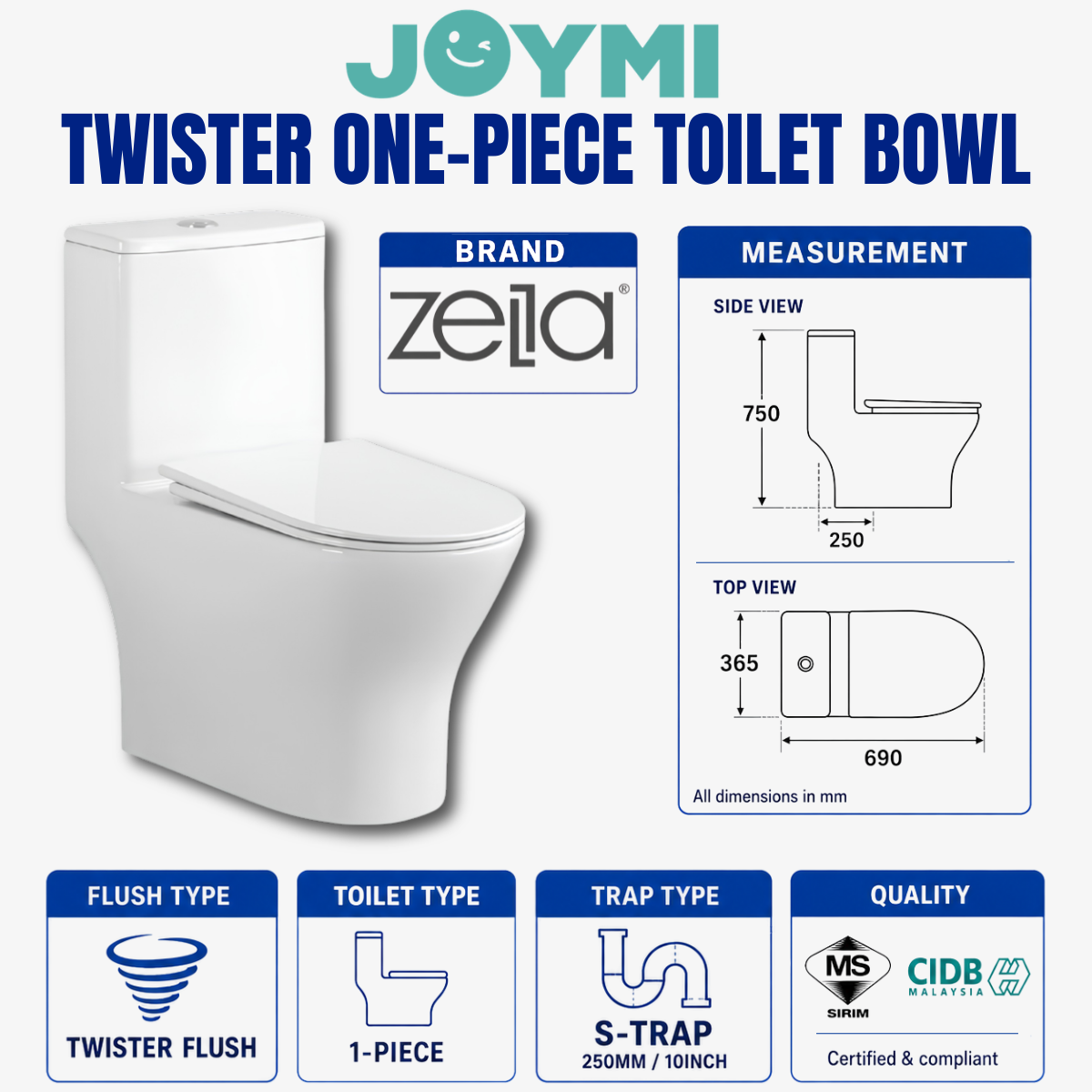 ZELLA S-Trap ONE-PIECE Twister Flush Toilet Bowl 250mm Full Set Accessories Heavy Duty Up to 200kg Best For Hotel/Airbnb/Home Use C654 S-Trap