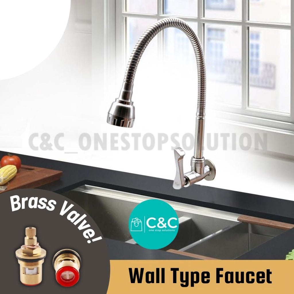 C&C 360 Flexible Kitchen Faucet Sink Tap Wall/ Pillar Swivel 304 Wall Mounted Pillar Rotate Berputar Dapur Keran