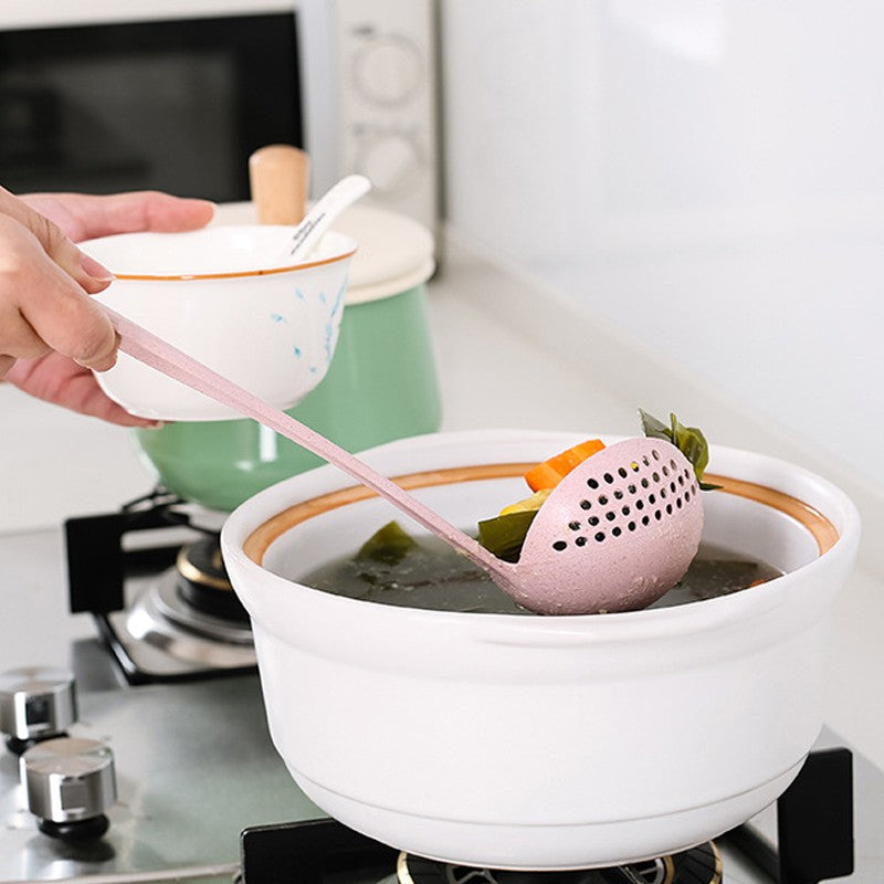 2 in 1 Long Handle Soup Spoon Colander Home Strainer Cooking Tools Wheat Straw Scoop Ladle