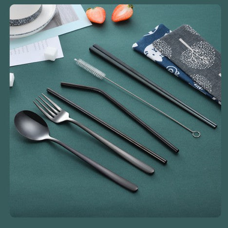 Stainless Steel Cutlery Set with Reusable Straw Set 7 In 1 Utensil Spoon Fork Chopstick Set Reusable Metal Cutlery Set (