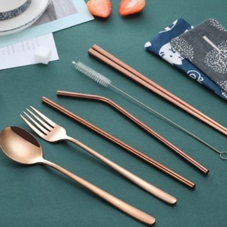 Stainless Steel Cutlery Set with Reusable Straw Set 7 In 1 Utensil Spoon Fork Chopstick Set Reusable Metal Cutlery Set (