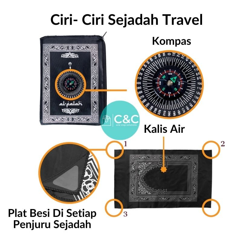 Sejadah + Kompas Kiblat - Solat Doa Sembahyang Muslim Ramadan Travel Carpet Compass Pocket Size Sejadah + Sarung