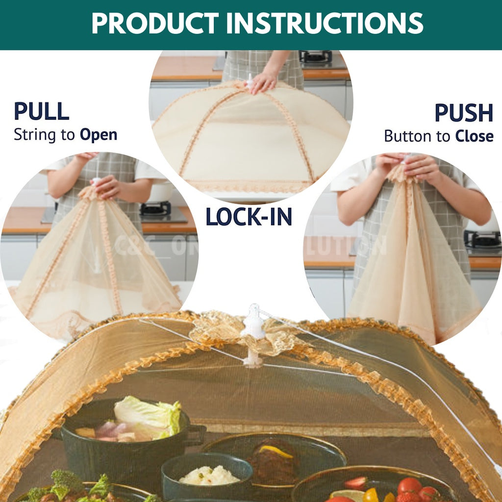 C&C Local Foldable/ Breathable Vintage Food Cover Umbrella Design Mesh Lace Tudung Saji Moden Table Dishes Cover