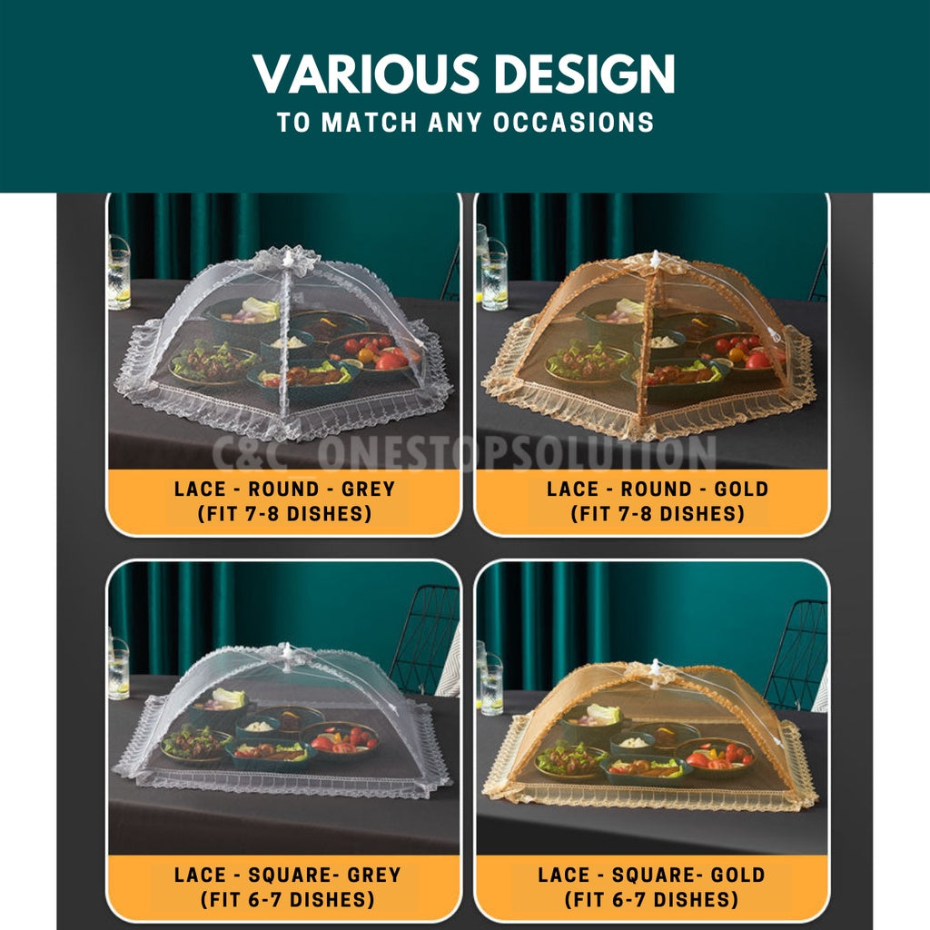 C&C Local Foldable/ Breathable Vintage Food Cover Umbrella Design Mesh Lace Tudung Saji Moden Table Dishes Cover