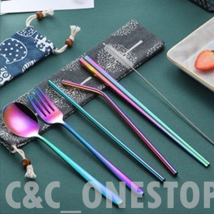 Stainless Steel Cutlery Set with Reusable Straw Set 7 In 1 Utensil Spoon Fork Chopstick Set Reusable Metal Cutlery Set (