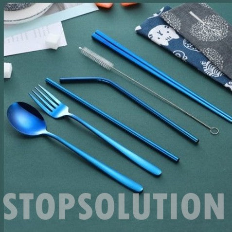 Stainless Steel Cutlery Set with Reusable Straw Set 7 In 1 Utensil Spoon Fork Chopstick Set Reusable Metal Cutlery Set (