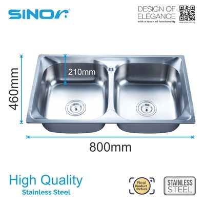 Sinor SN-8046 Stainless Double Bowl Kitchen Sink