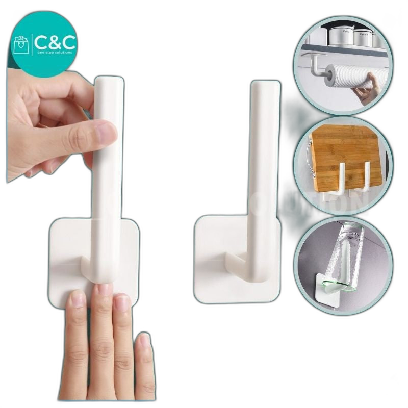 C&C Multifunctional Punch-free Adhesive Wall Hook L Shape Hanger Kitchen Bathroom Storage Organizer Paper Holder Tissue