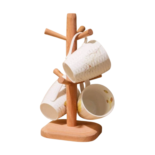 C&C Multipurpose Wooden Mug Cup Holder Tree Kitchen Stand Coffee Cup Rack With 6 Hooks Penyangkut Cawan